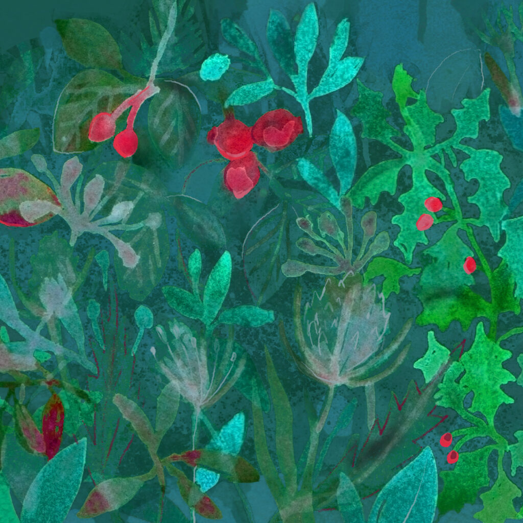 Christmas Berry hedgerow Watercolour greetings card