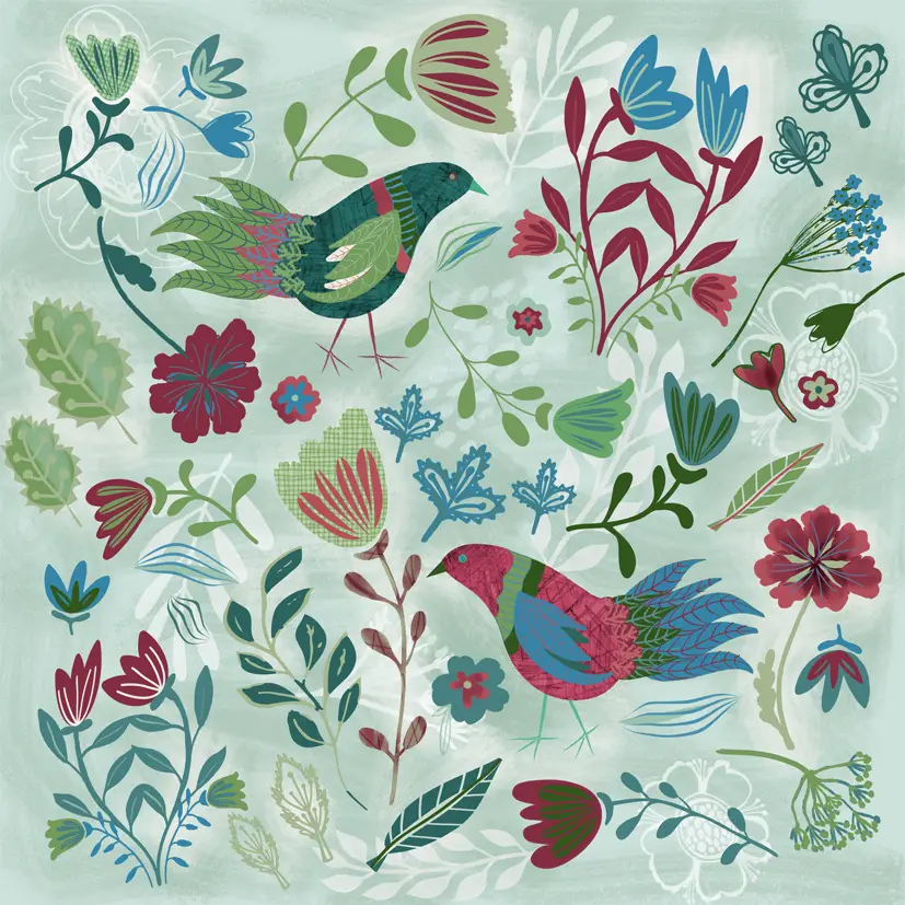 Pattern of Birds and Flowers in greens, reds and blues by victoria hooper-duckham