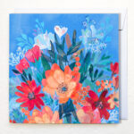 Home Original Floral Artwork 5 Camellia Bouquet card in blues and oranges artwork by Victoria Hooper-Duckham