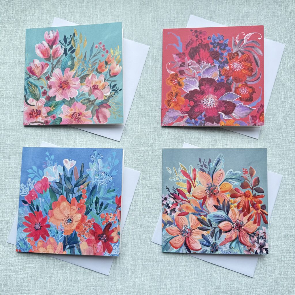 Image of four floral greetings cards by victoria hooper-duckham