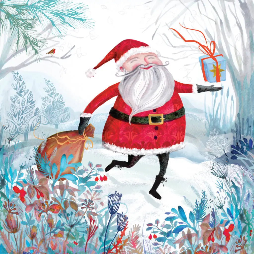 Smiling Santa carrying a present, running through the countryside. watercolour arwork, VHD