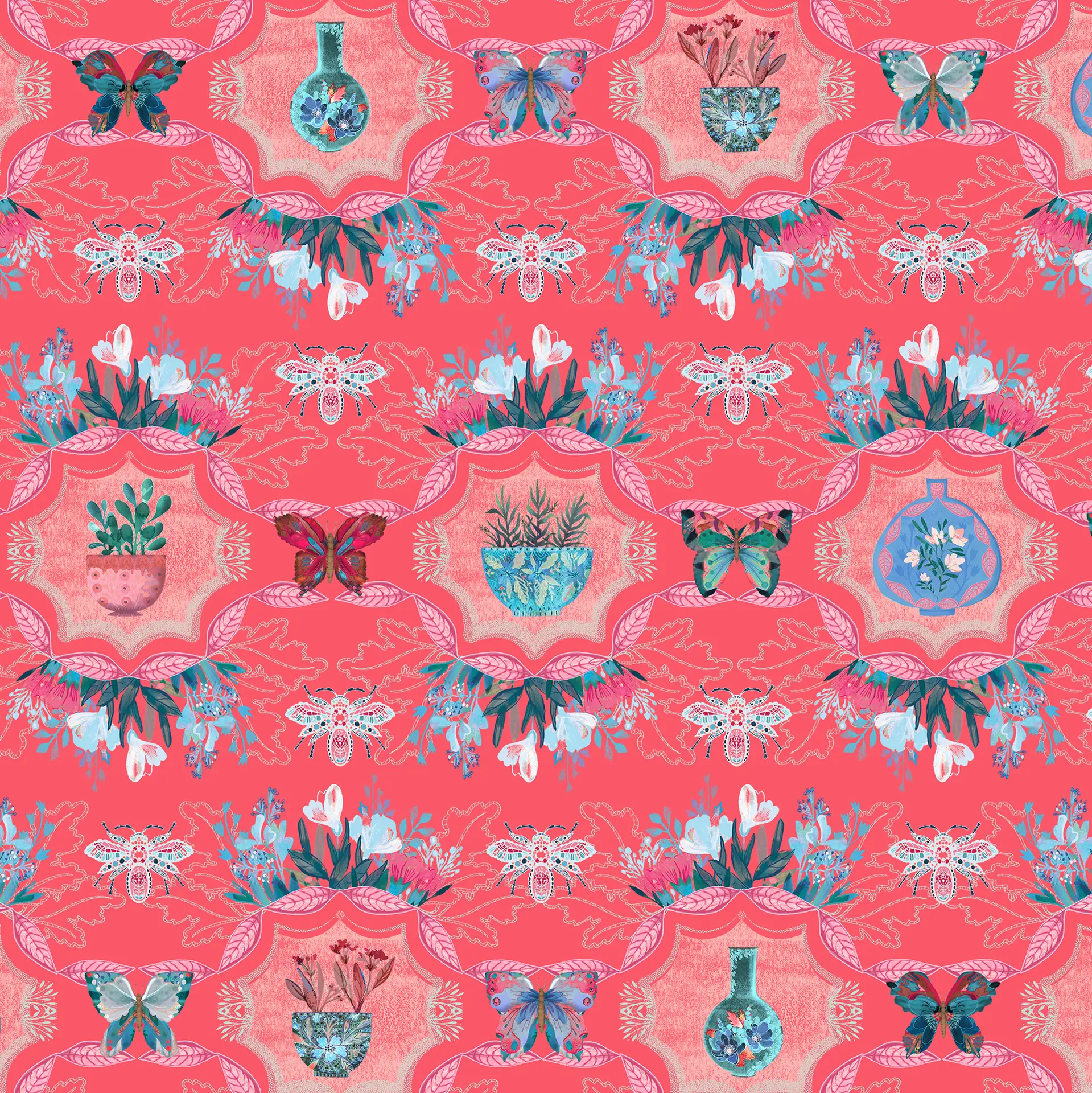 detail of gift wrap with oriental vases and butterflies, red background VHD