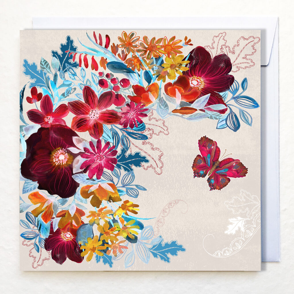greetings card featuring burgundy clematis and pattern by Victoria Hooper-Duckham