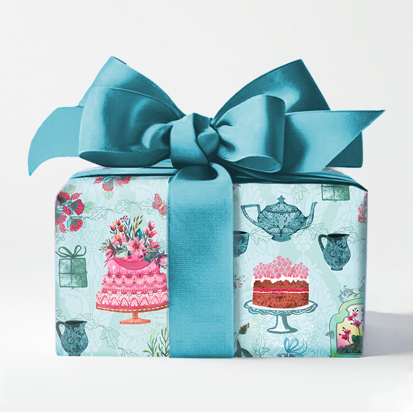 Gidt wrap, images of beautiful cakes, tea set, cats and house plants, artwork by Victoria Hooper-Duckham