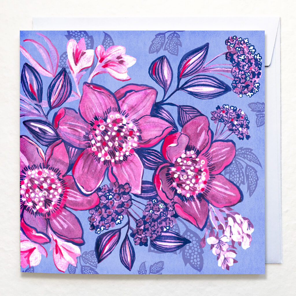Pink, purple and white flowers art work, greetings card by Victoria Hooper-Duckham