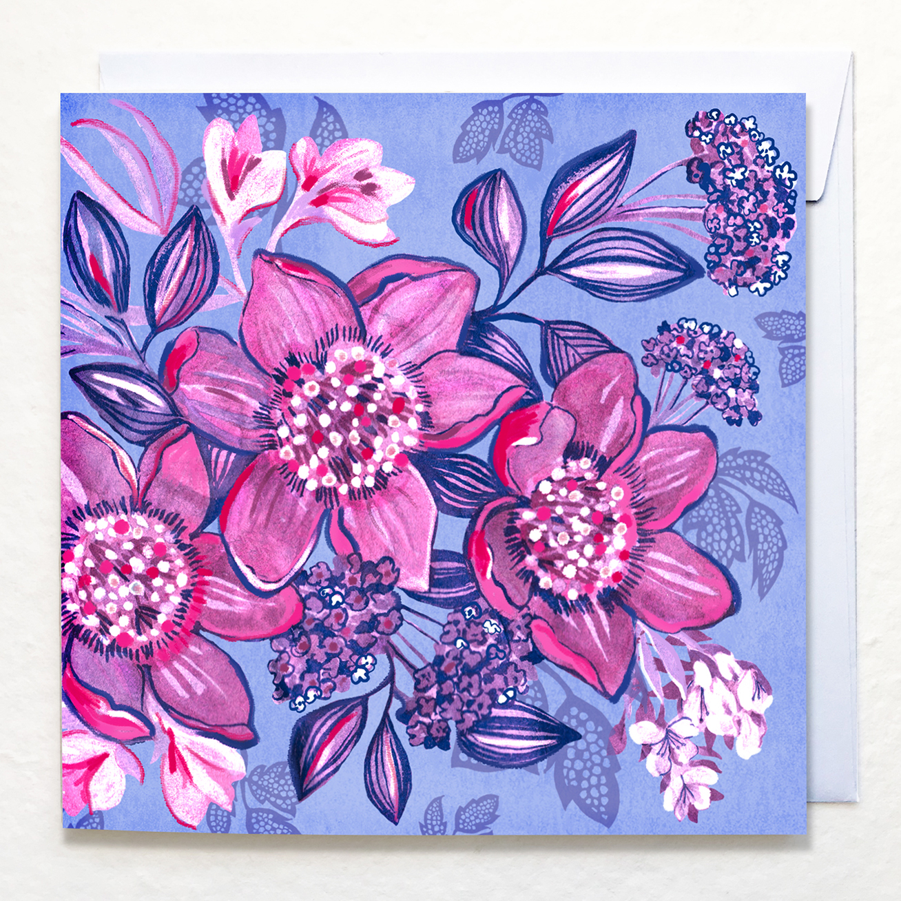 Pink, purple and white flowers art work, greetings card by Victoria Hooper-Duckham