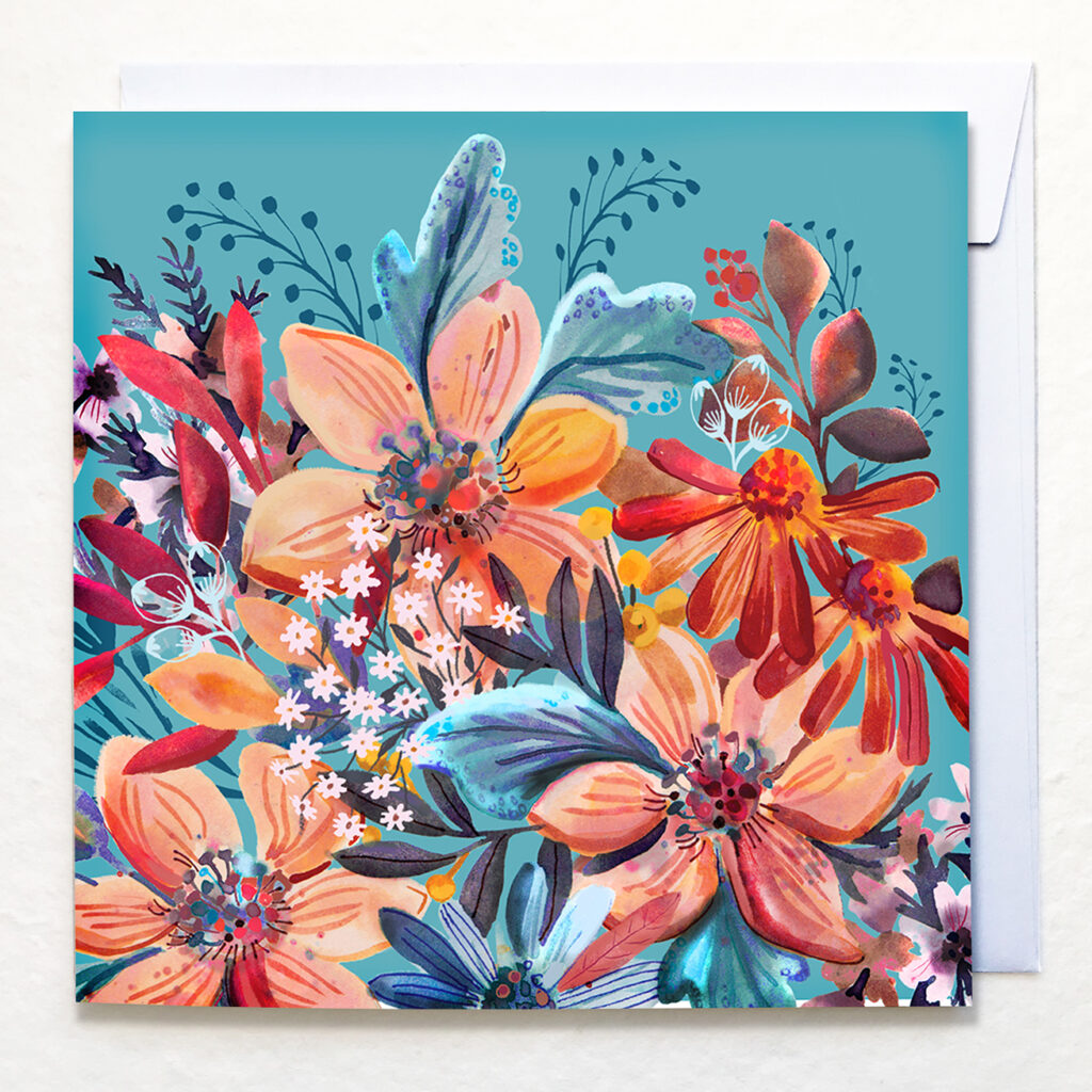 Dahlias floral artwork, greetings card by Victoria Hooper-Duckham