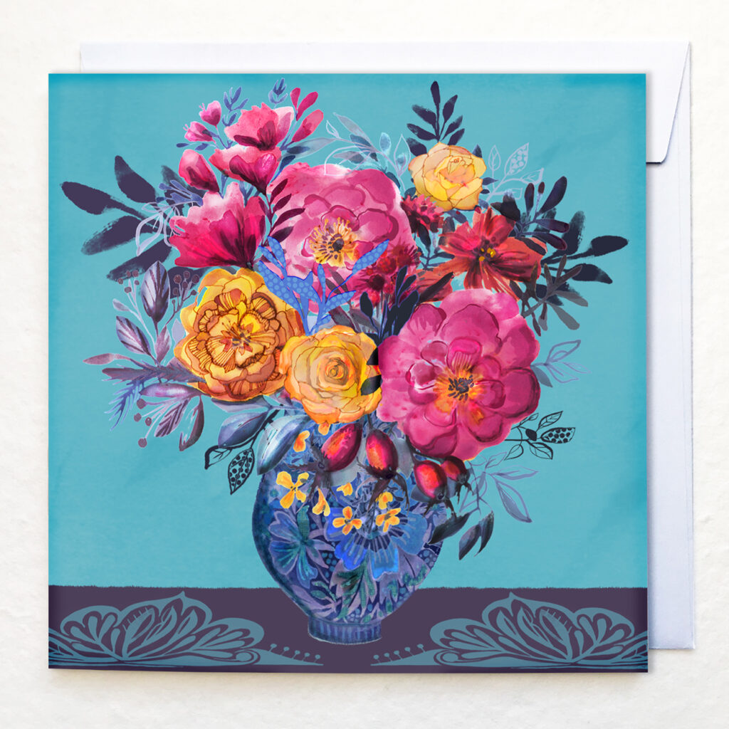 greetings card, vase of dog roses, artwork by Victoria Hooper-Duckham
