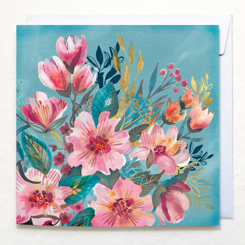 Pink camellias floral artwork by Victoria Hooper-Duckham, greetings card.