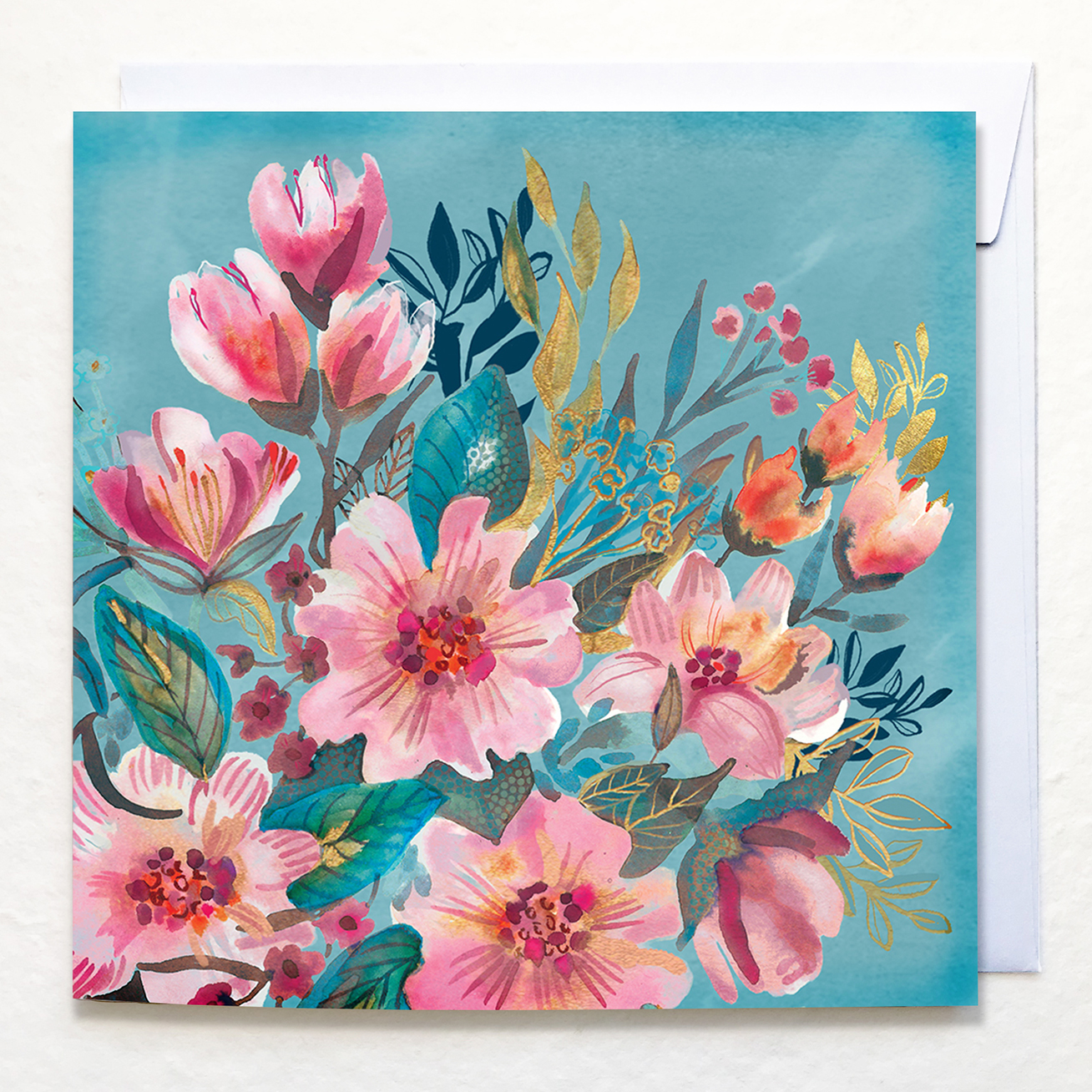Pink camellias floral artwork by Victoria Hooper-Duckham, greetings card.