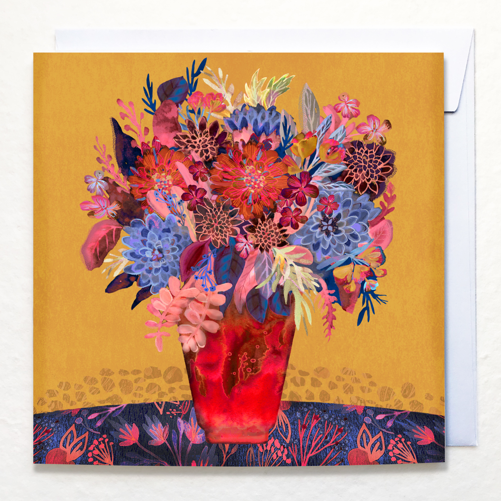 A bright red glass vase of britly painted flowers. Greetings Card artwork by Victoria Hooper-Duckham