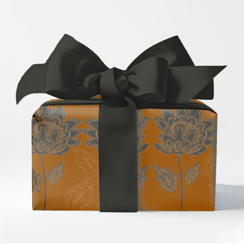 Lace Flowers Luxury gift wrap in yellow ochre and grey